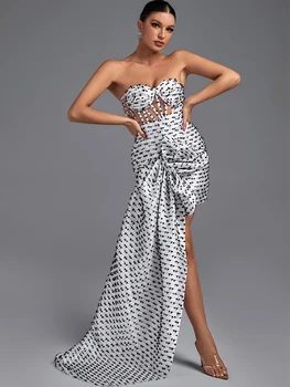 Жаккардовое вечернее платье без бретелек 2023 Женское облегающее платье Элегантное Сексуальное клубное платье с рюшами, высококачественная Летняя одежда